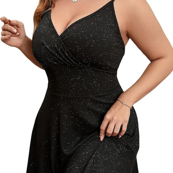 Dresses & Skirts - Women's Plus Size Sleeveless Glitter Wrap V Neck Flared Short Dress